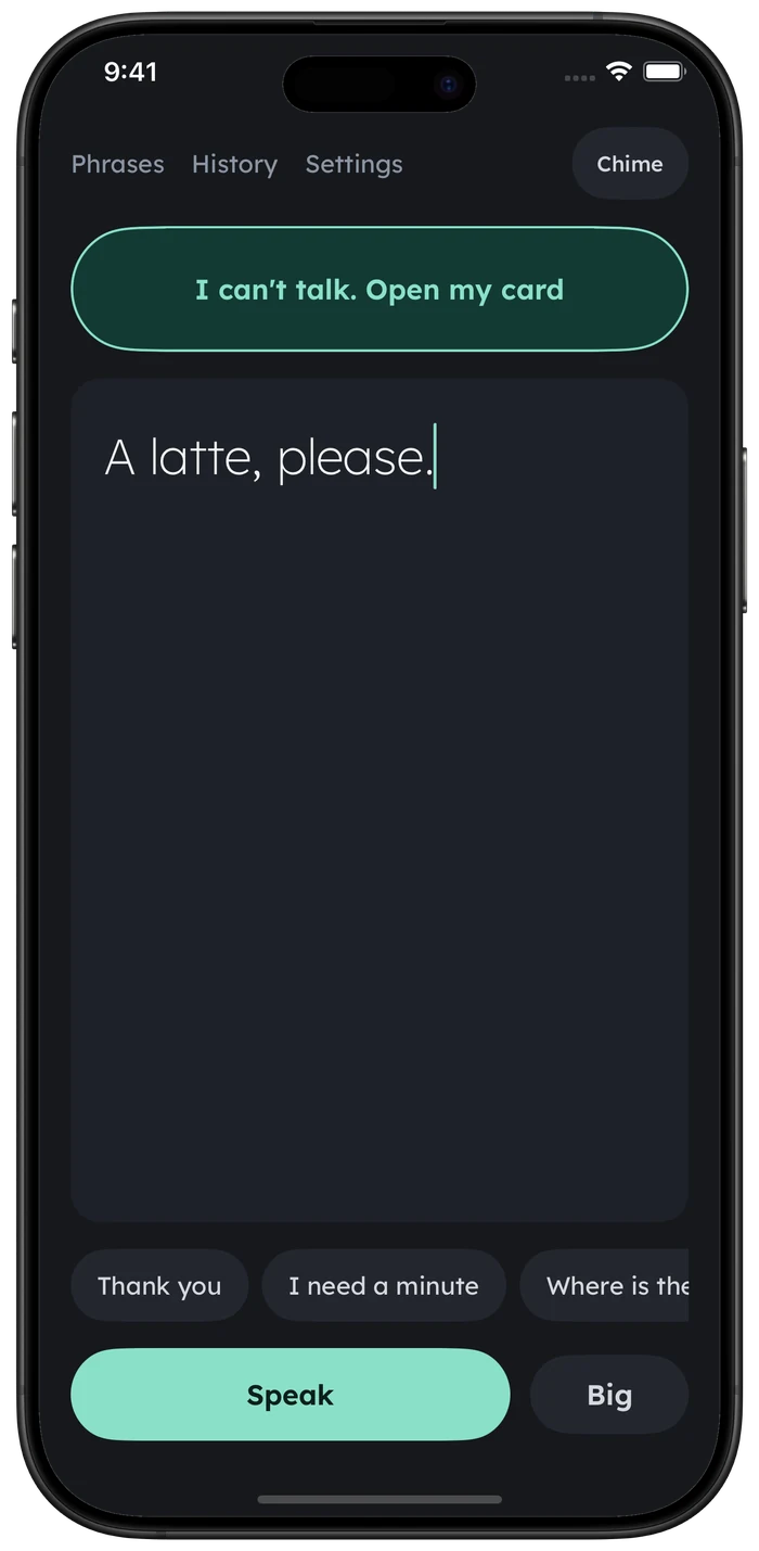 Aloud's home screen with a typed sentence, saved phrase chips and a Speak button