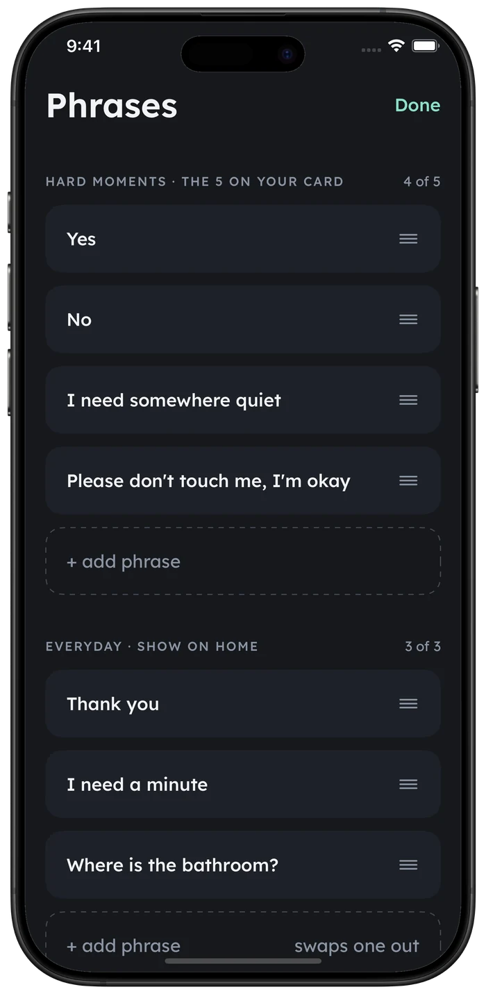 Aloud's phrase editor with a list for hard moments and a list of everyday phrases