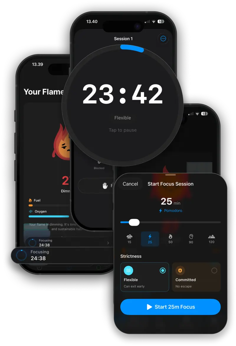 Screenshot of Burnout app showing a timed focus session with app blocking controls