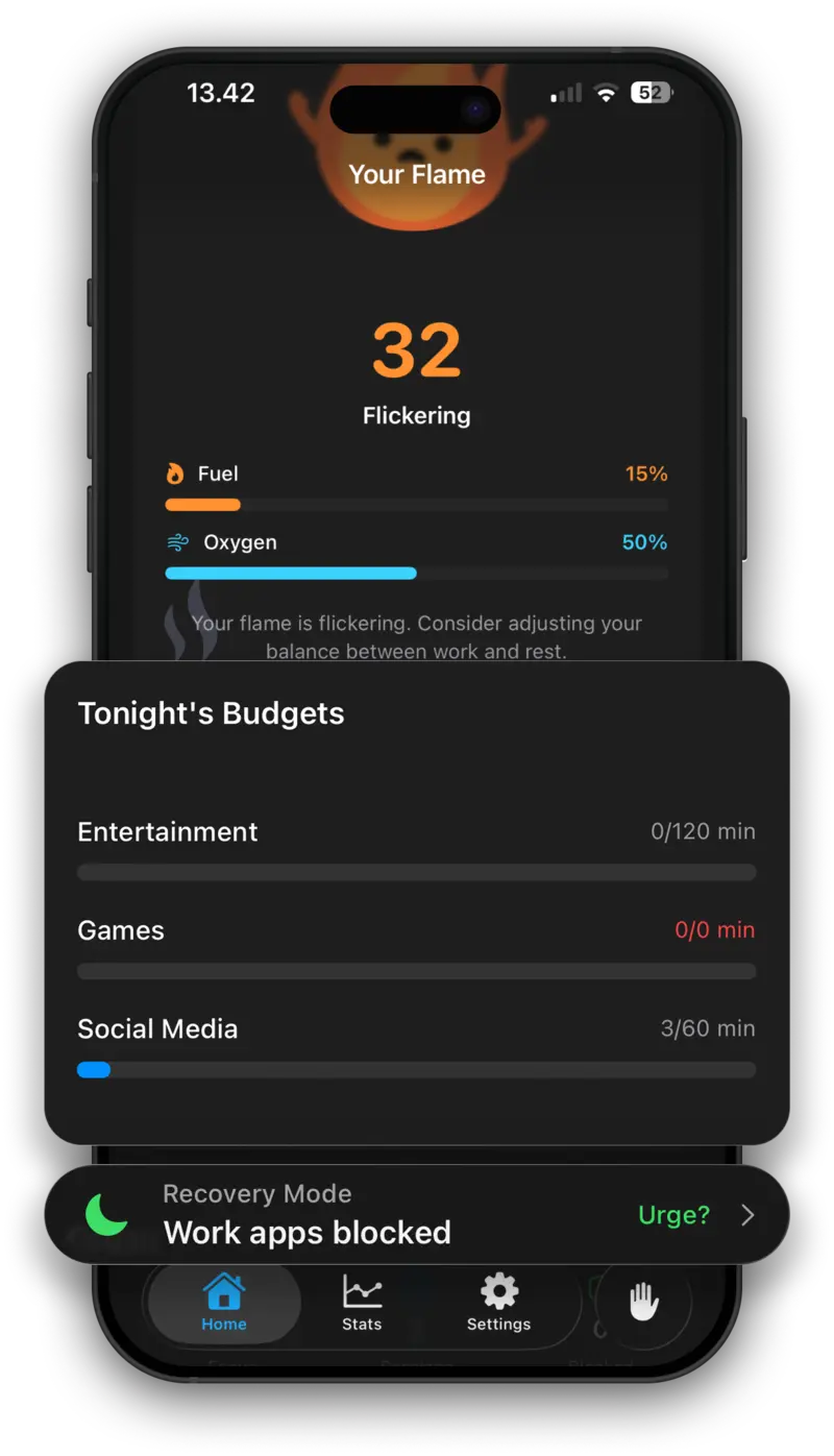 Screenshot of Burnout app showing wind-down mode and sleep protection settings