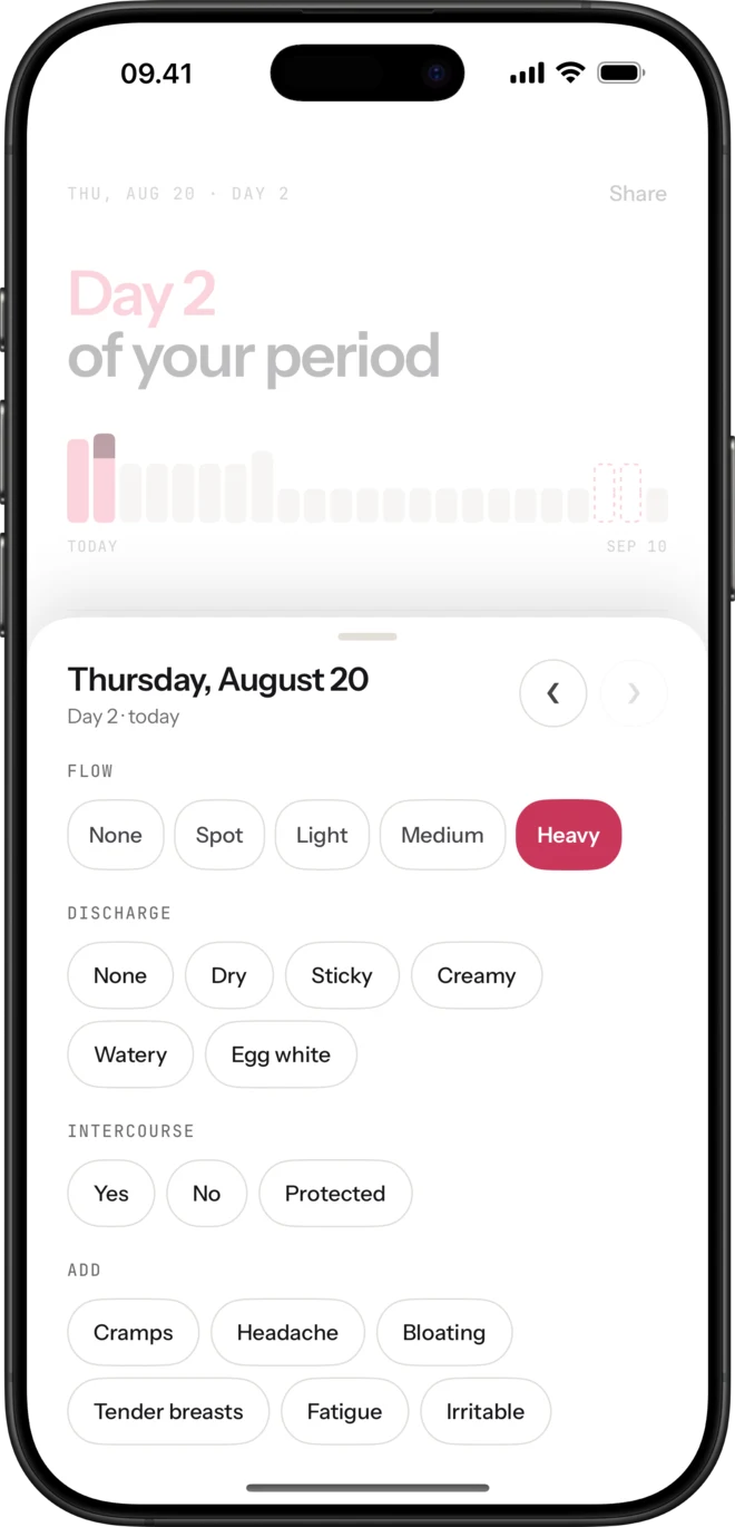 Sola's day sheet with flow, discharge and symptom chips