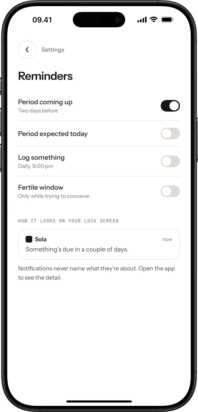 Sola's reminder settings showing a deliberately vague lock screen notification