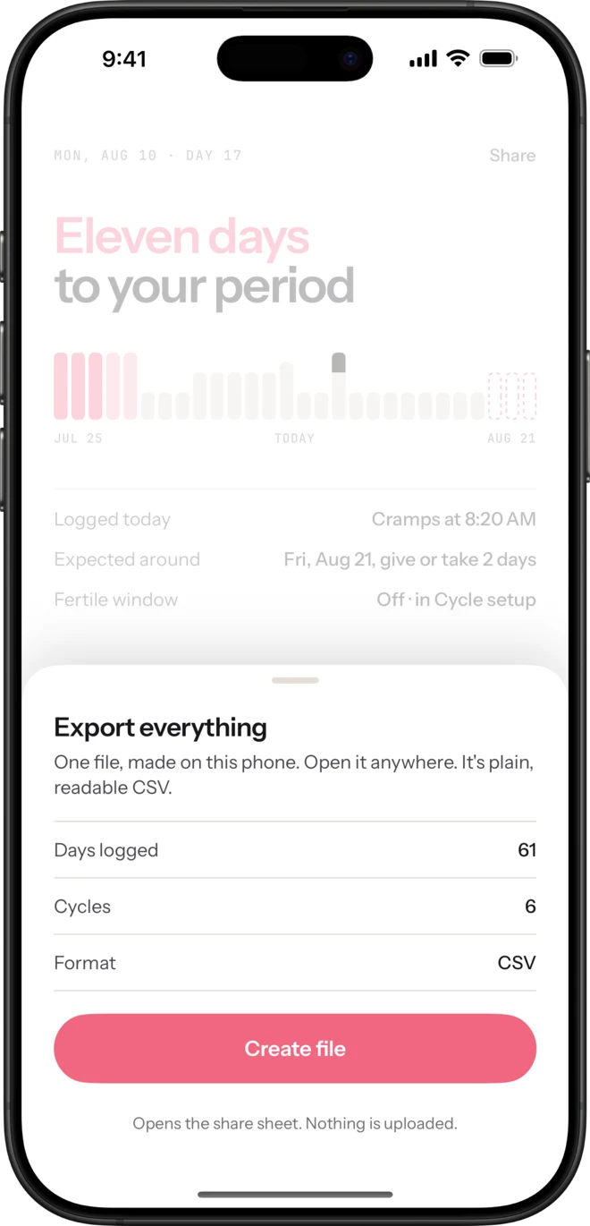 Sola's export sheet offering every logged day as a plain CSV file