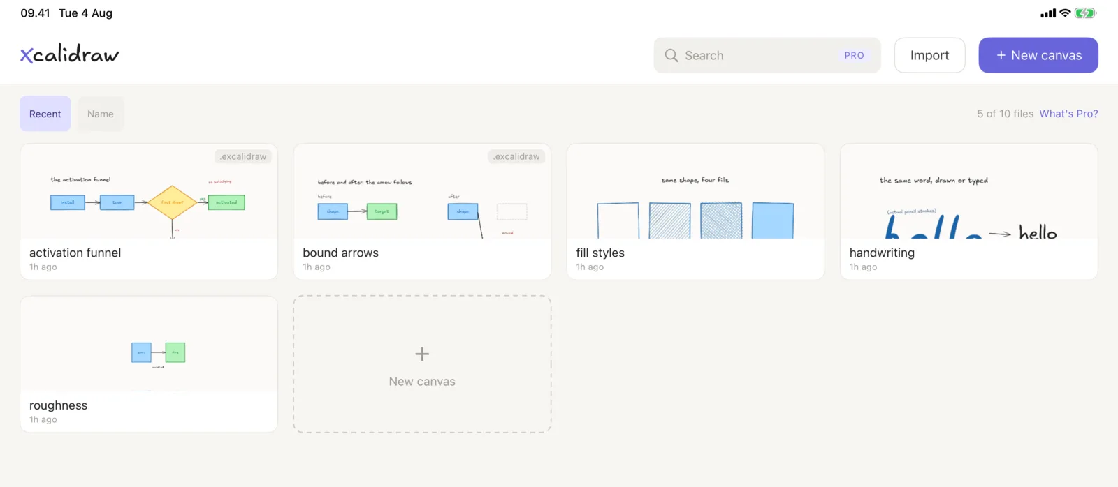 The Xcalidraw library on iPad showing imported .excalidraw files as thumbnails