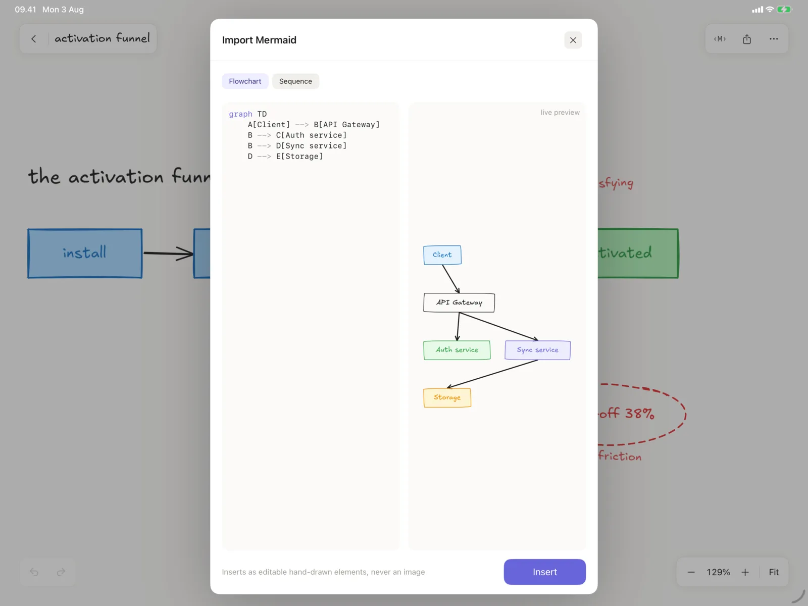 The Mermaid import sheet in Xcalidraw with pasted flowchart text and a live preview
